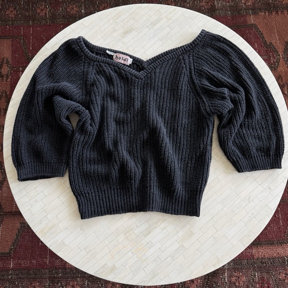 Vintage 90s Off Sholder Deep V Knit Sweater Cropped Top Black Size L Heidi - Picture 1 of 8